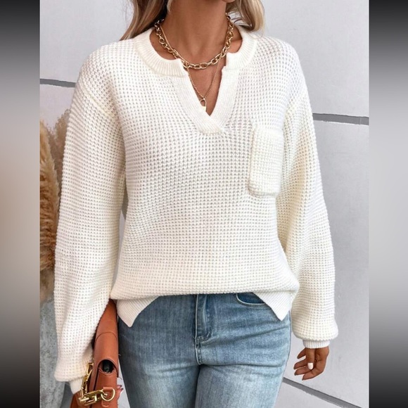 Boho notched neck drop shoulder sweater top - Picture 3 of 6